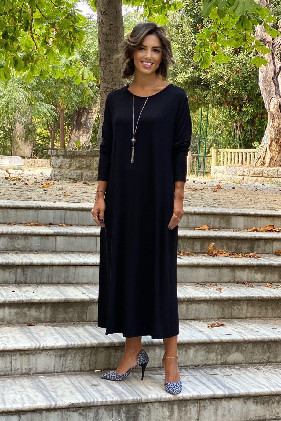 Siyah Uzun Boy UzunKol Pamuklu Penye Viskon Elbise