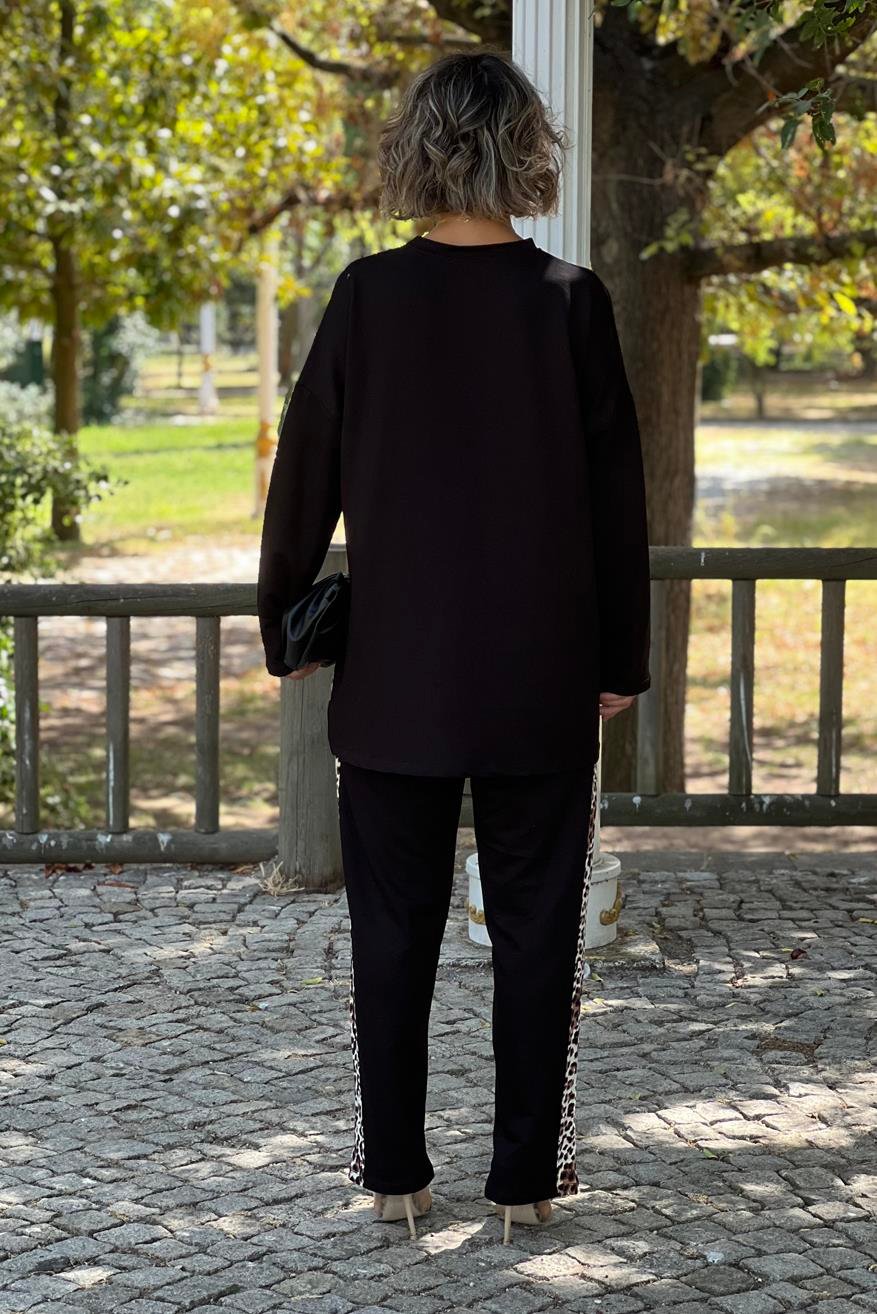 Siyah Uzun Kollu Leopar Garnili İkili Takım