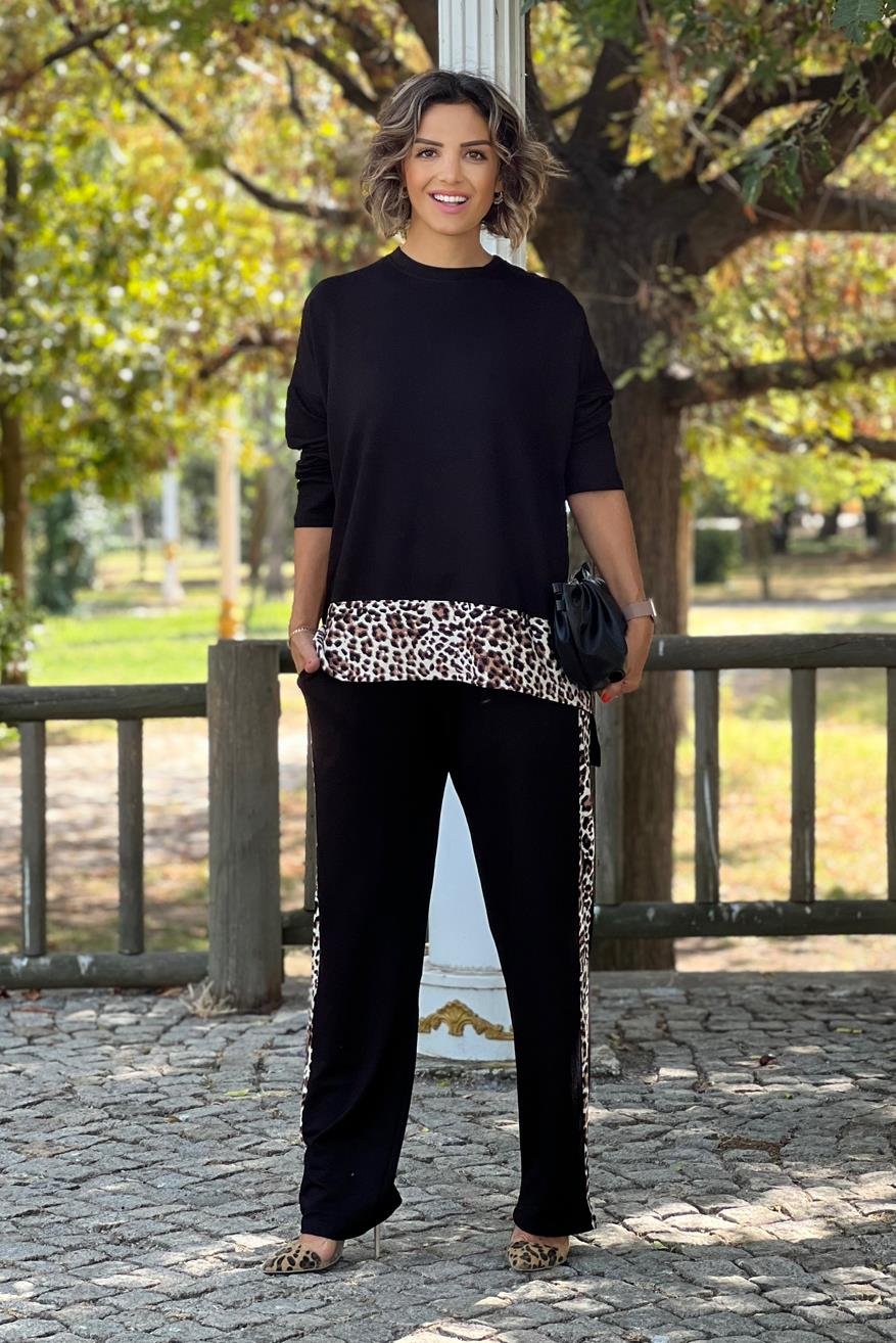 Siyah Uzun Kollu Leopar Garnili İkili Takım