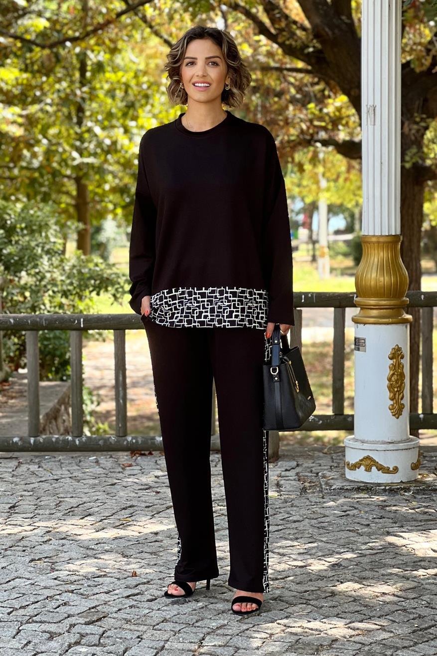 Siyah Uzun Kollu Zİncir Garnili İkili Takım