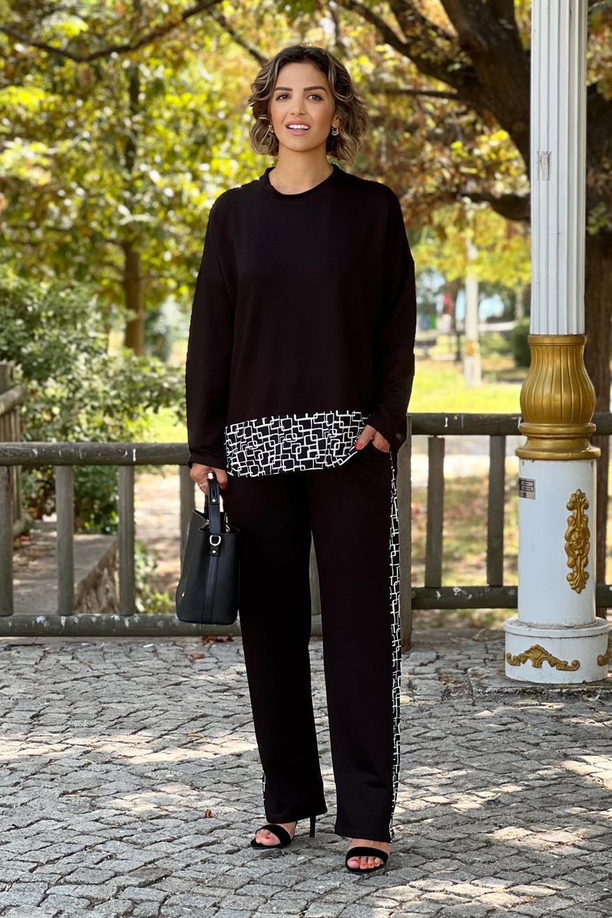 Siyah Uzun Kollu Zİncir Garnili İkili Takım