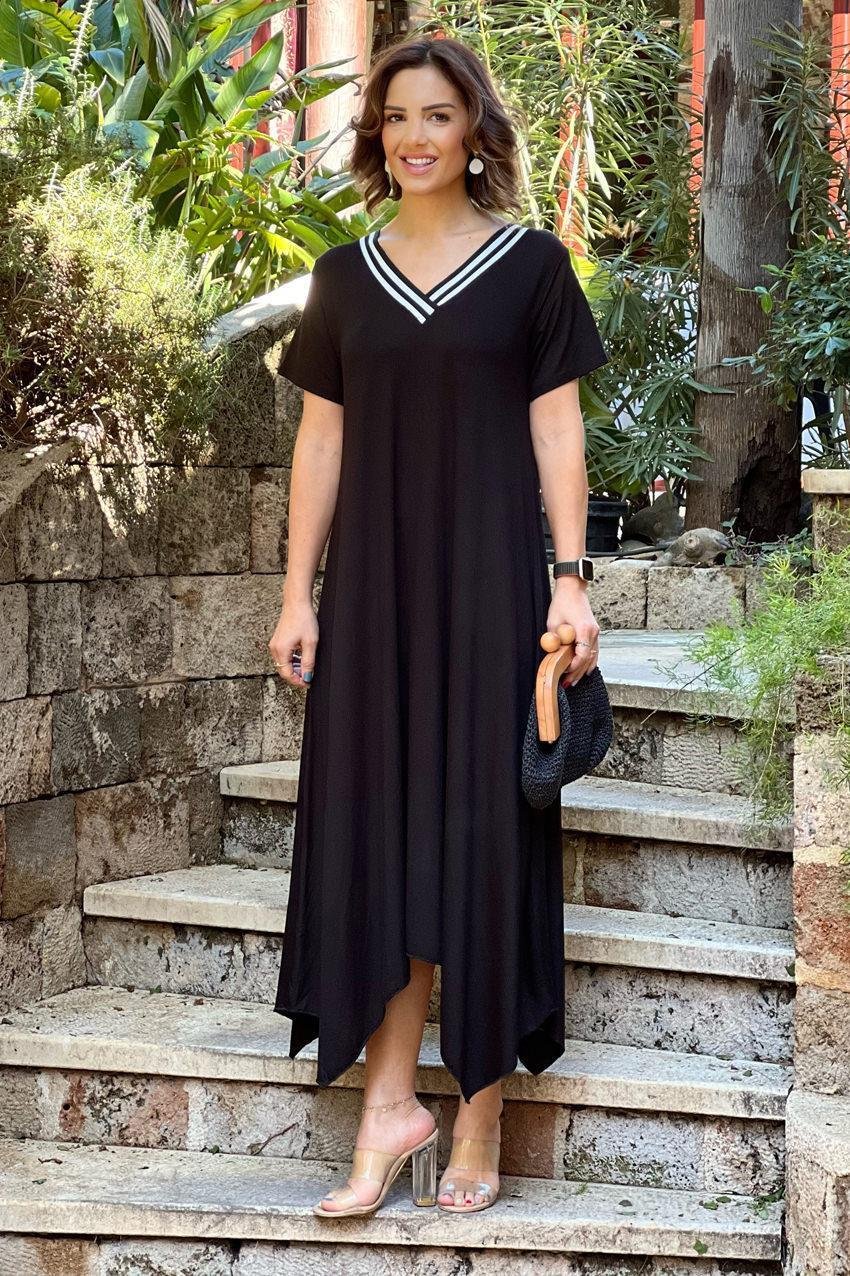 Siyah V Yaka Şeritli Verev Kesim Elbise