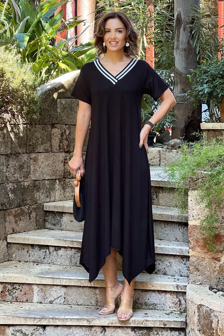 Siyah V Yaka Şeritli Verev Kesim Elbise