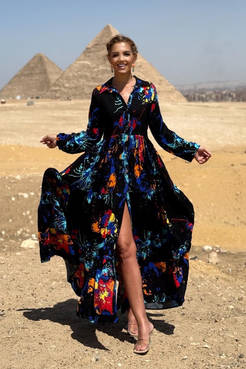 Siyah Yağlı Boya Gömlek Elbise %100 Pamuk Viskon