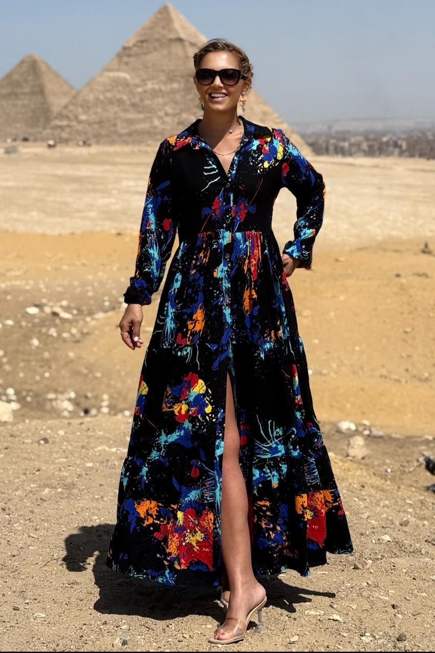 Siyah Yağlı Boya Gömlek Elbise %100 Pamuk Viskon