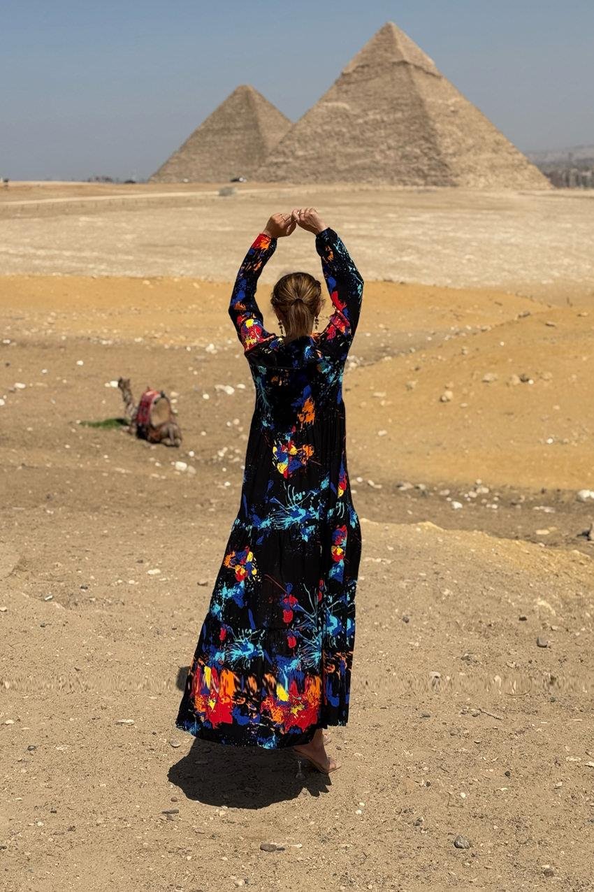 Siyah Yağlı Boya Gömlek Elbise %100 Pamuk Viskon