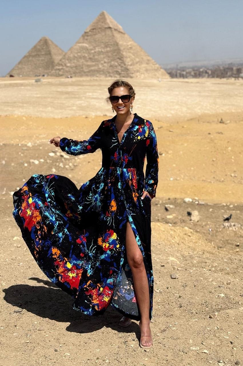 Siyah Yağlı Boya Gömlek Elbise %100 Pamuk Viskon