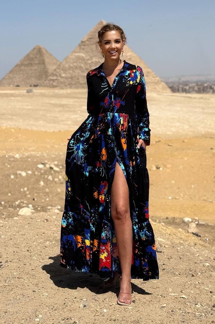 Siyah Yağlı Boya Gömlek Elbise %100 Pamuk Viskon