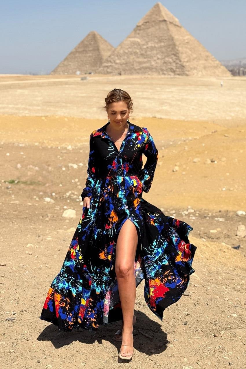 Siyah Yağlı Boya Gömlek Elbise %100 Pamuk Viskon