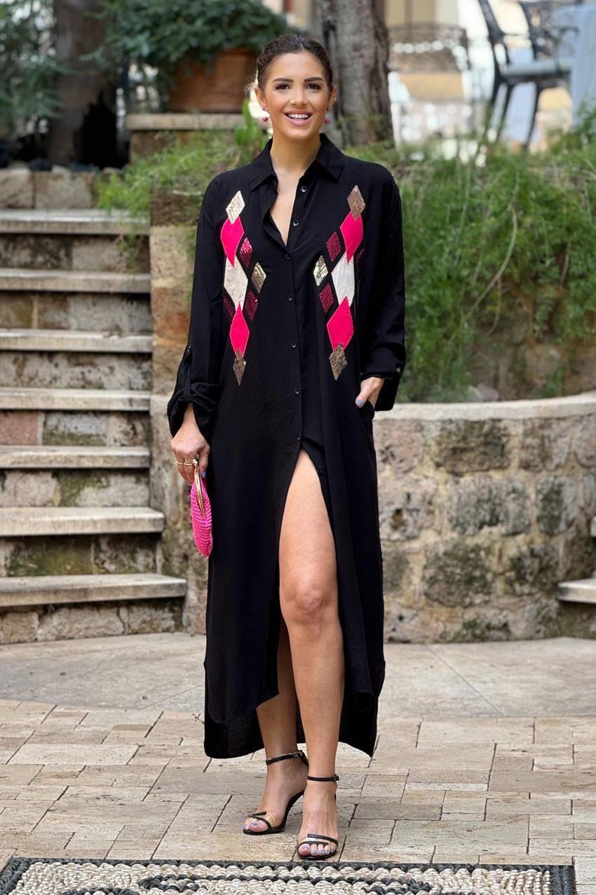 Siyah Yakası Baklava Pul Payetli Gömlek Elbise