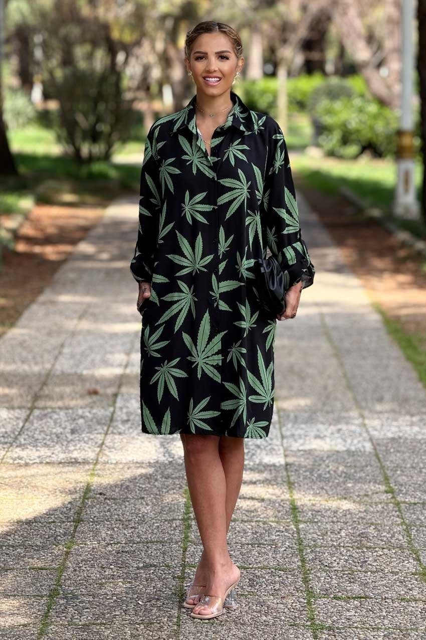 Siyah Yaprak Desen Midi Boy Gömlek Elbise %100 Pamuk Viskon
