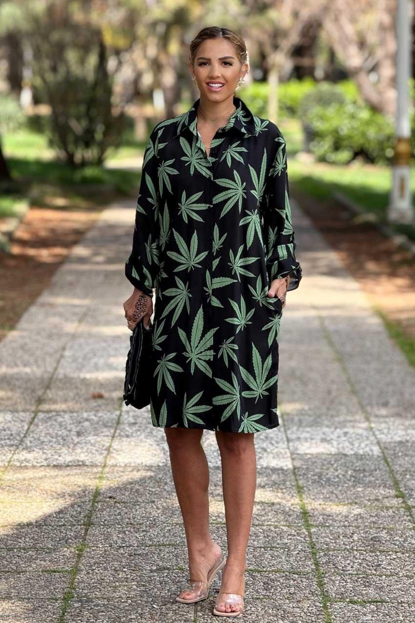 Siyah Yaprak Desen Midi Boy Gömlek Elbise %100 Pamuk Viskon