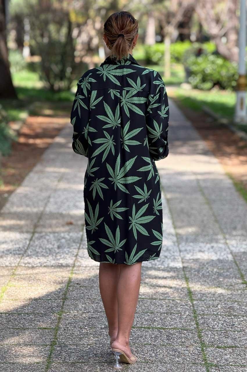 Siyah Yaprak Desen Midi Boy Gömlek Elbise %100 Pamuk Viskon