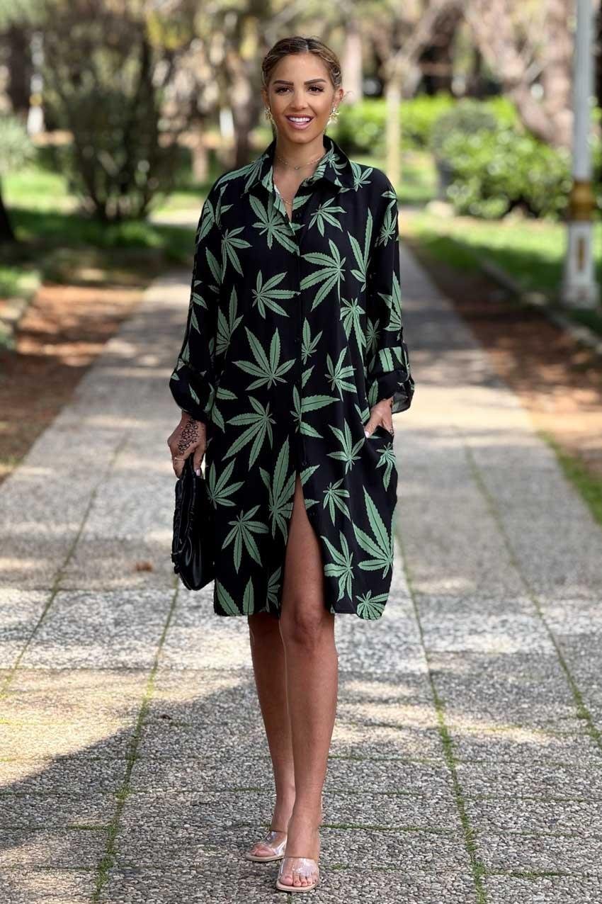 Siyah Yaprak Desen Midi Boy Gömlek Elbise %100 Pamuk Viskon
