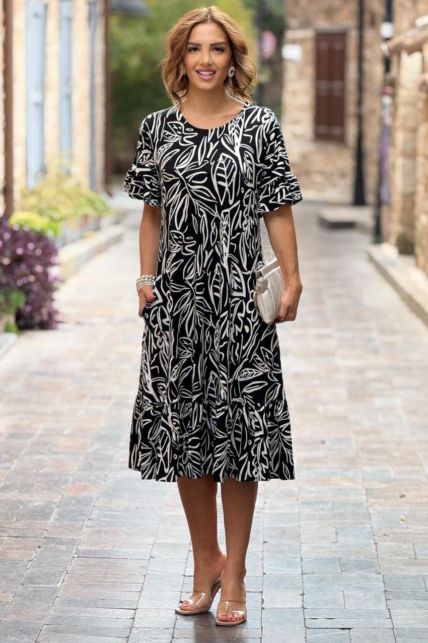 Siyah Yaprak Desenli Etekleri Fırfırlı Yazlık Pamuklu Penye Elbise