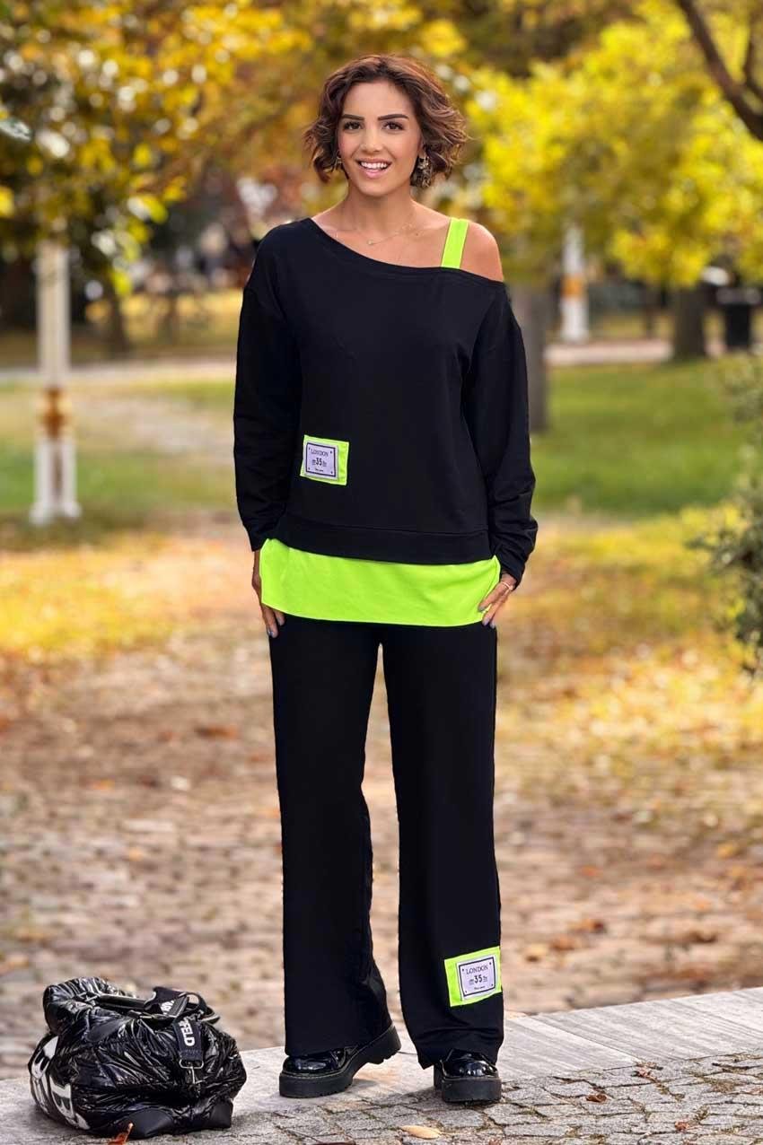 Siyah Yesil Neon Renk Omuz Askılı %100 Pamuk Takım