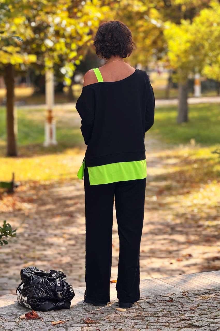 Siyah Yesil Neon Renk Omuz Askılı %100 Pamuk Takım