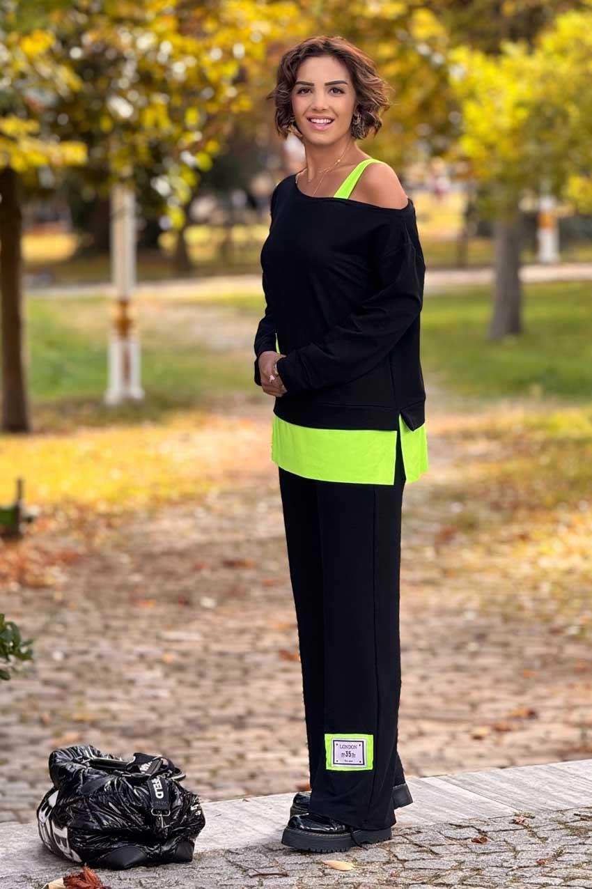Siyah Yesil Neon Renk Omuz Askılı %100 Pamuk Takım