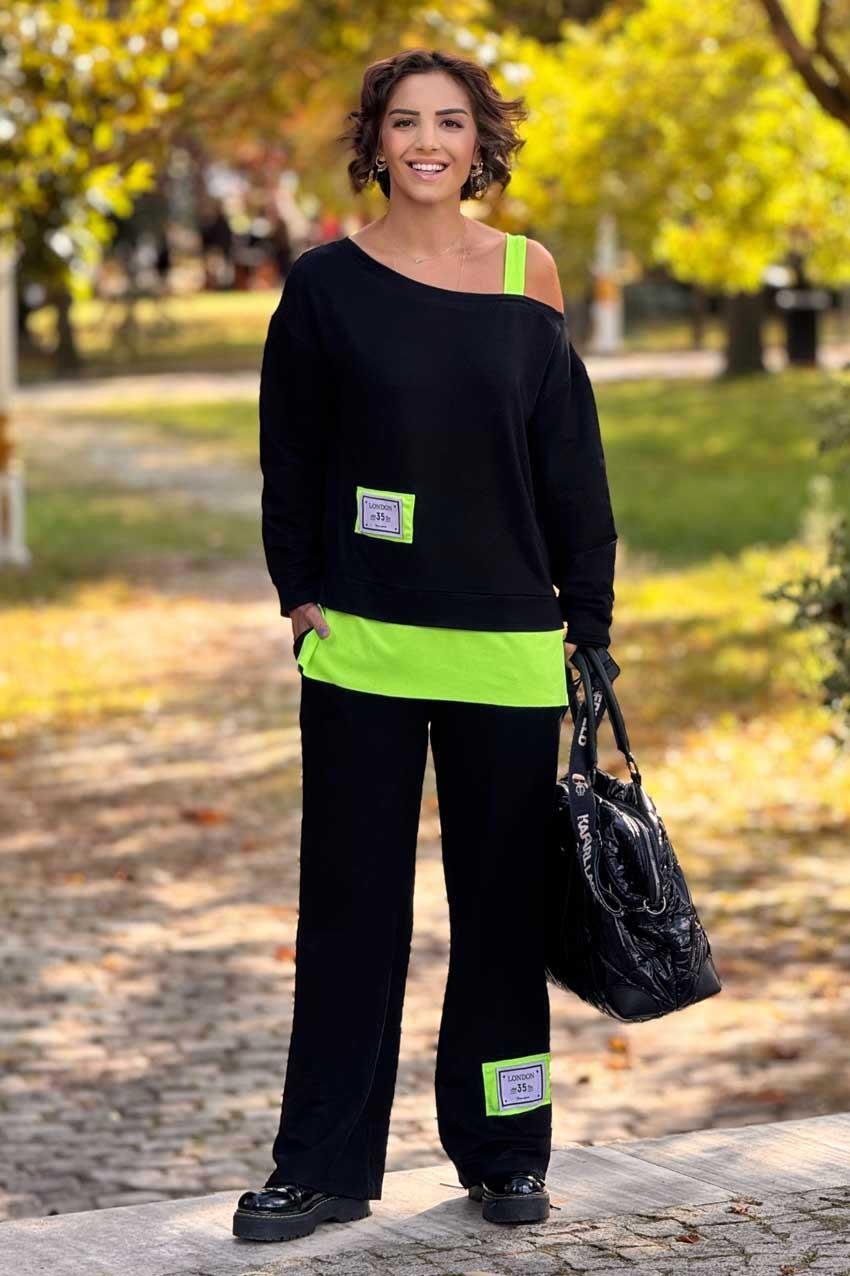 Siyah Yesil Neon Renk Omuz Askılı %100 Pamuk Takım