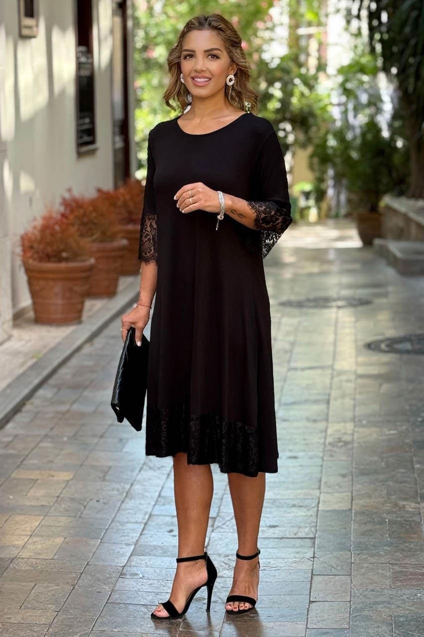 Siyah Zarife Dantelli Elbise