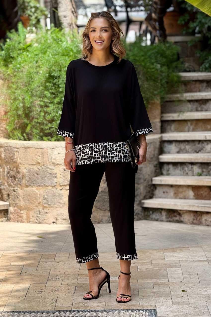 Siyah Zincir Garnili Pantolon Bluz İkili Takım