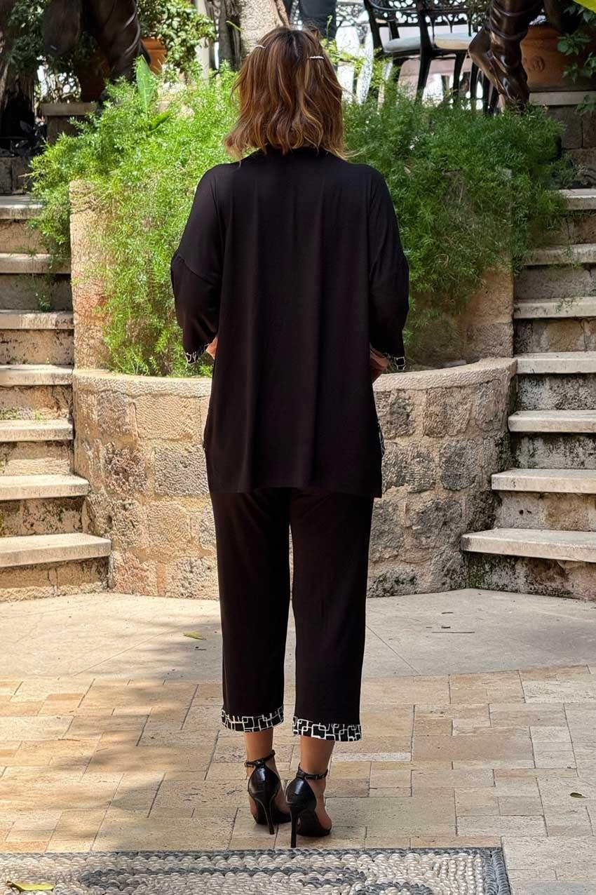 Siyah Zincir Garnili Pantolon Bluz İkili Takım