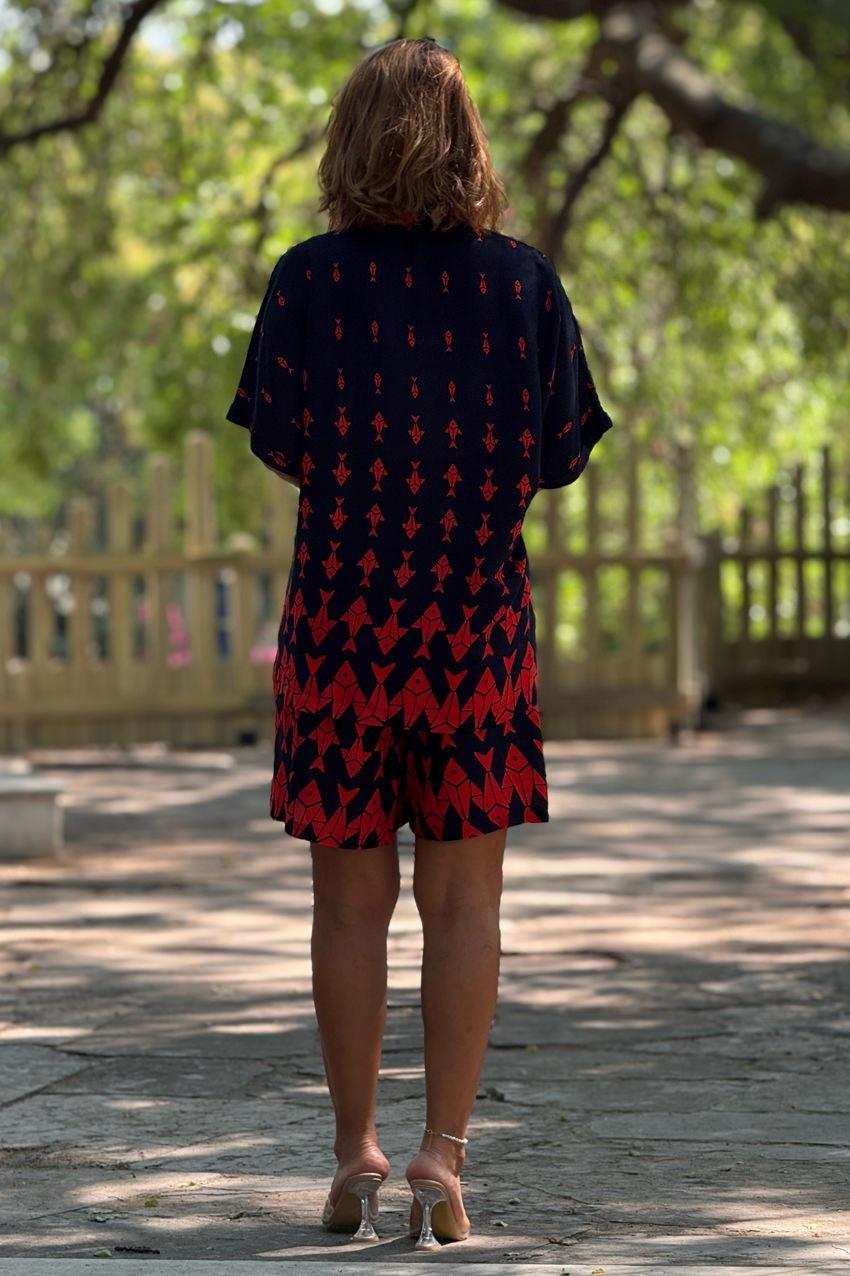 ŞORT GÖMLEK TAKIM - Lacivert Balık Desenli