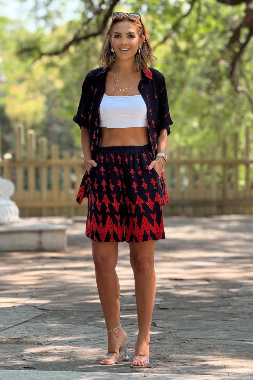 ŞORT GÖMLEK TAKIM - Lacivert Balık Desenli