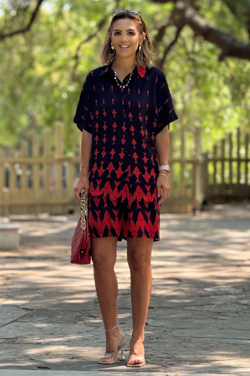 ŞORT GÖMLEK TAKIM - Lacivert Balık Desenli