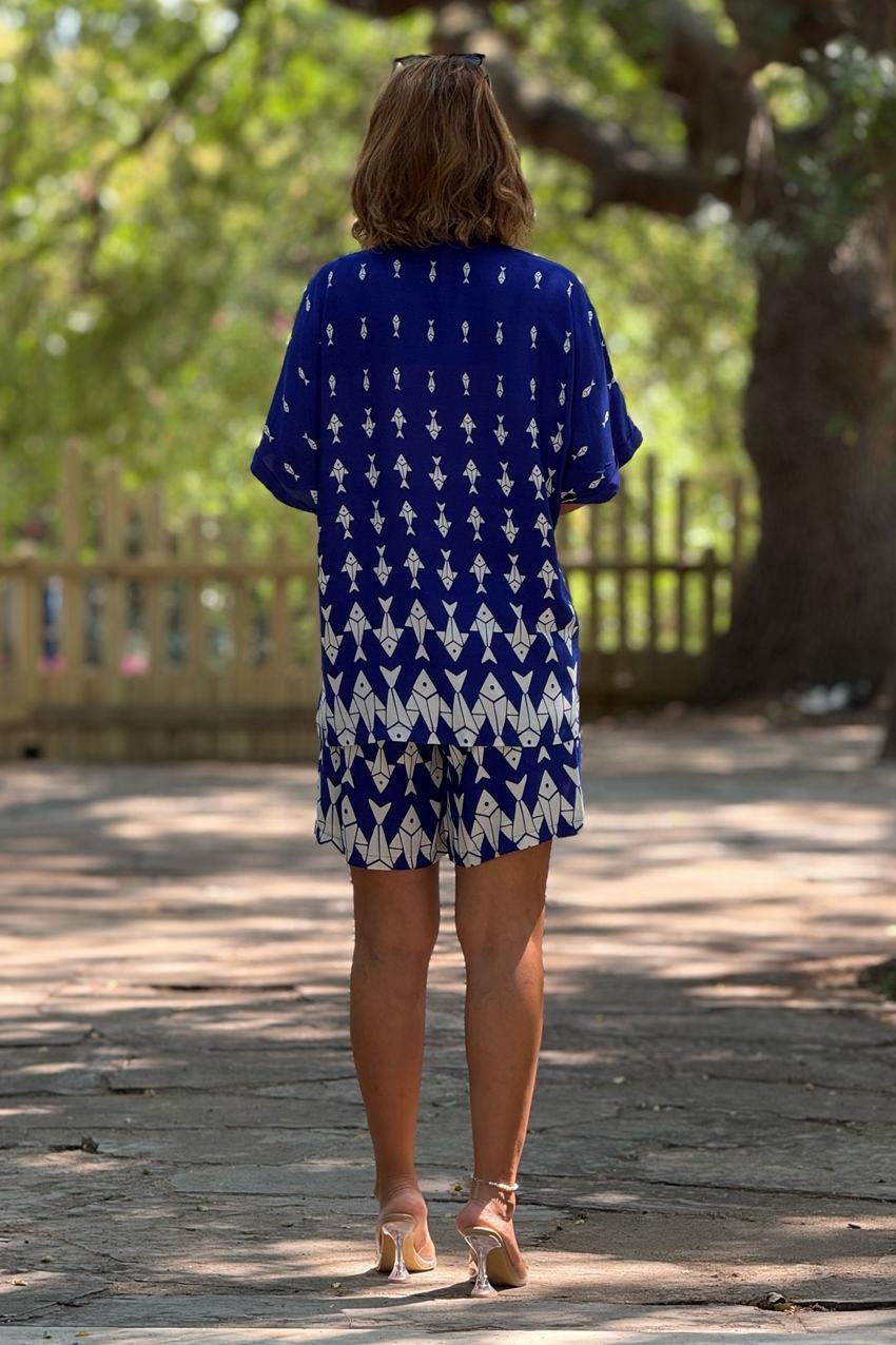 ŞORT GÖMLEK TAKIM - Mavi Balık Desenli