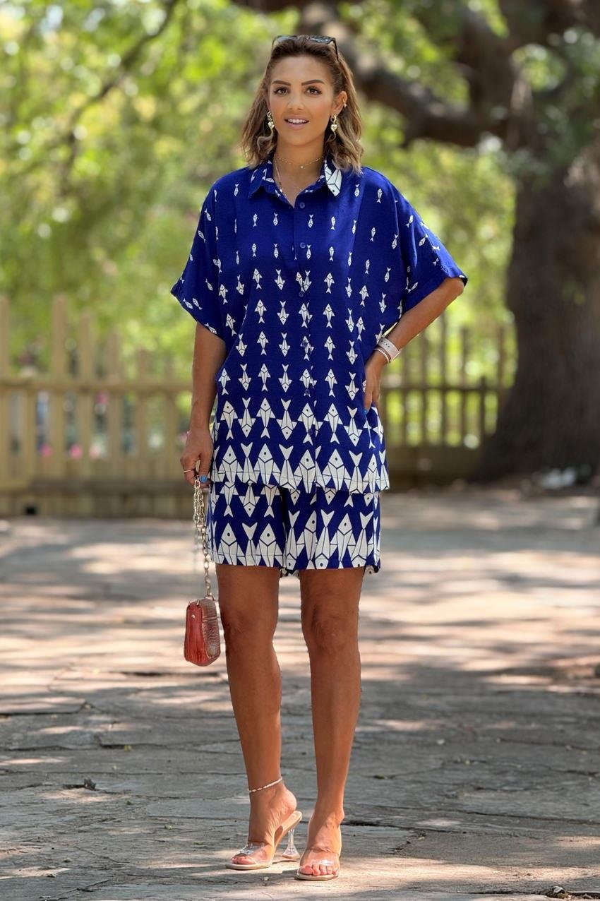 ŞORT GÖMLEK TAKIM - Mavi Balık Desenli