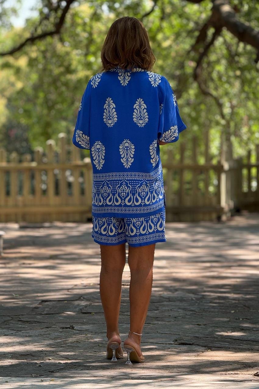 ŞORT GÖMLEK TAKIM - Mavi Hint Desenli