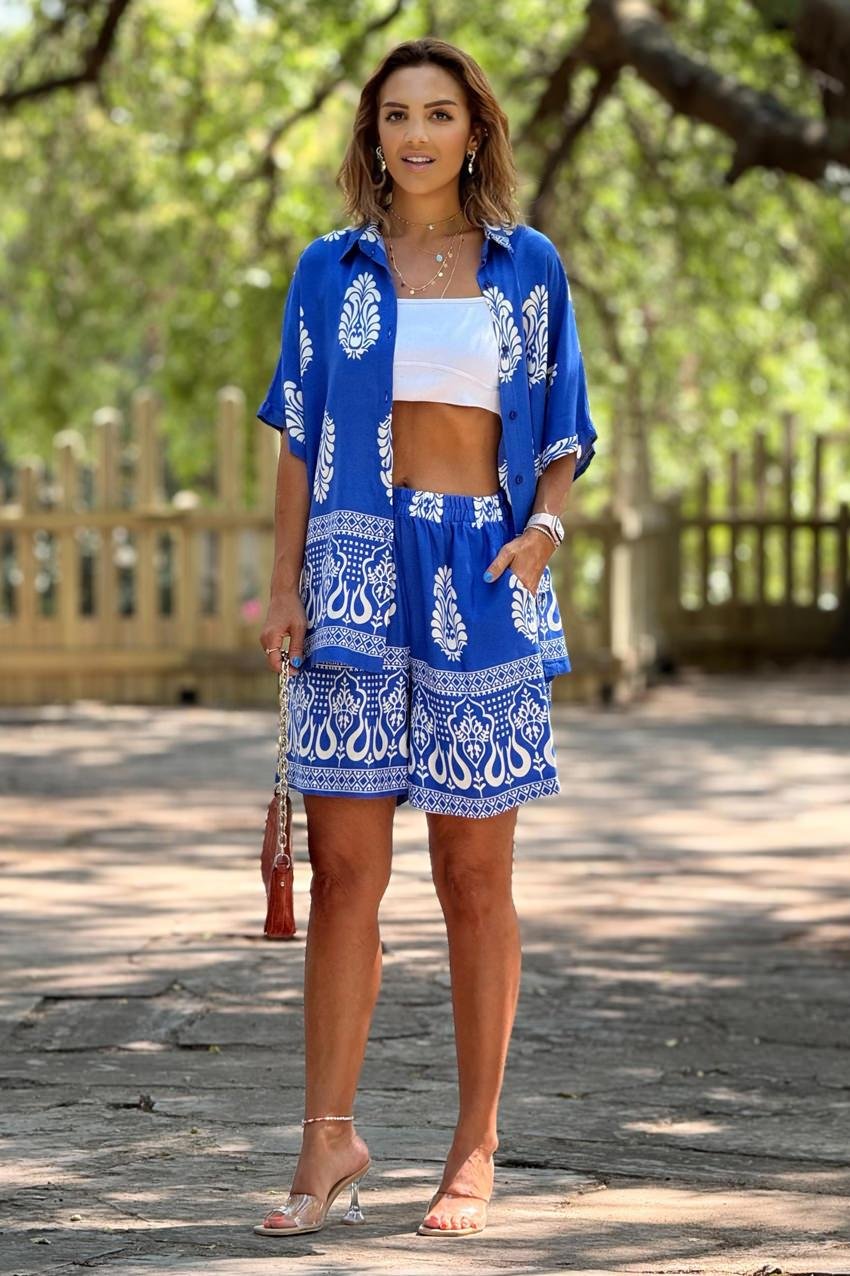 ŞORT GÖMLEK TAKIM - Mavi Hint Desenli