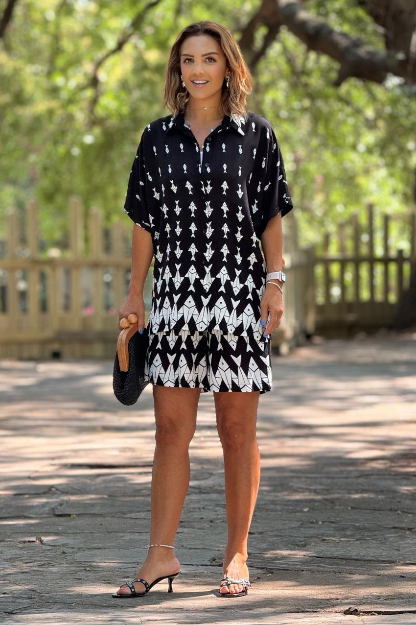 ŞORT GÖMLEK TAKIM - Siyah Balık Desenli