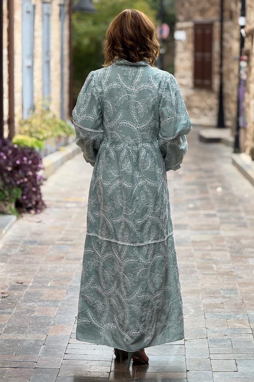 Su Yeşili Kösem Sultan Fistolu Astarlı Elbise