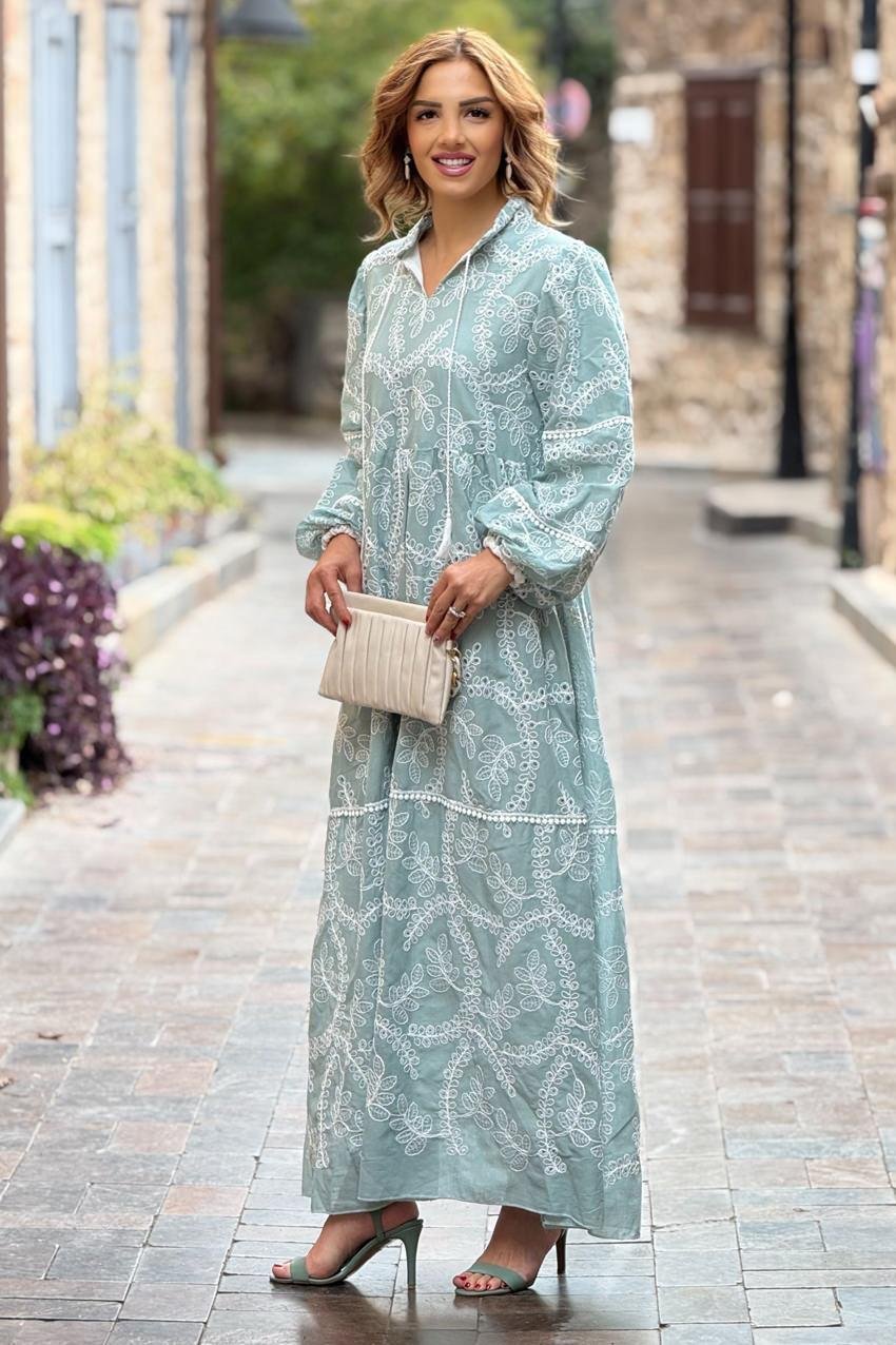 Su Yeşili Kösem Sultan Fistolu Astarlı Elbise