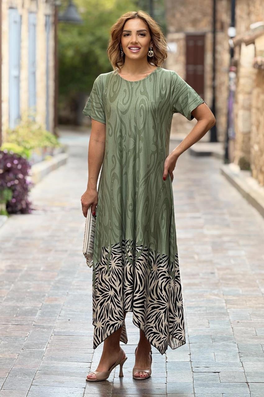 Su Yeşili Safari Desen Verev Kesim Elbise