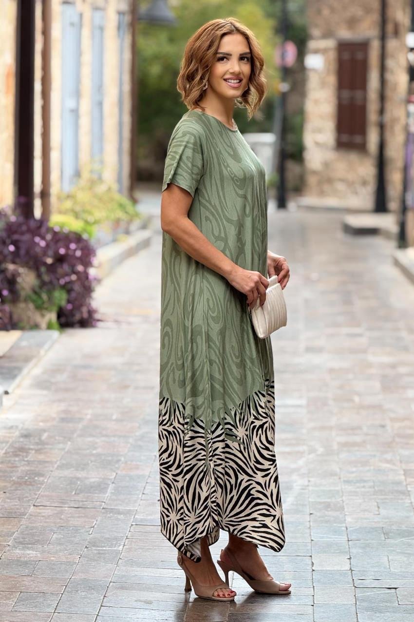 Su Yeşili Safari Desen Verev Kesim Elbise