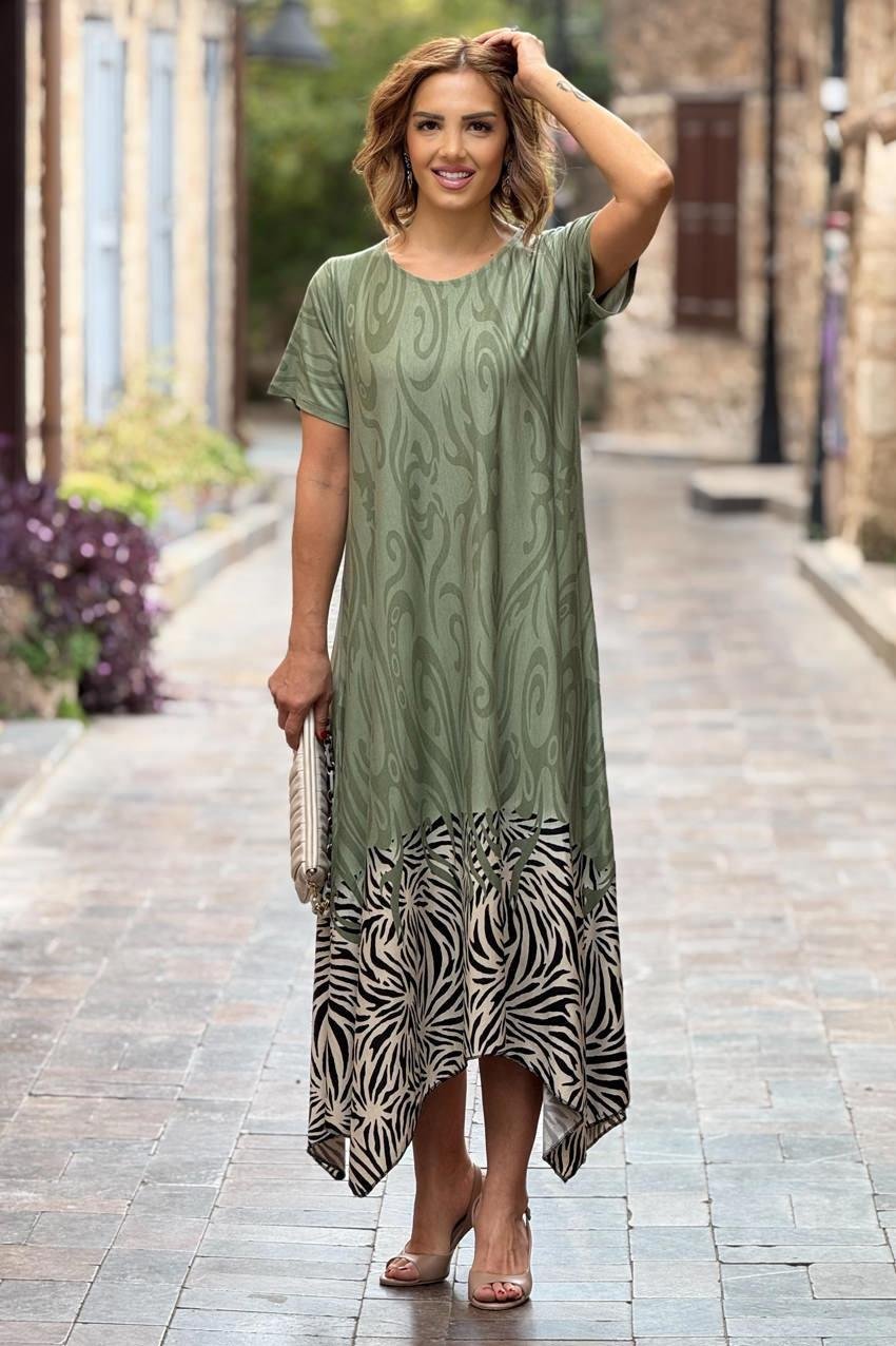 Su Yeşili Safari Desen Verev Kesim Elbise