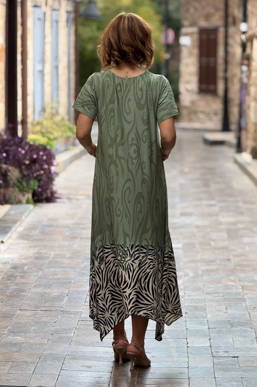 Su Yeşili Safari Desen Verev Kesim Elbise