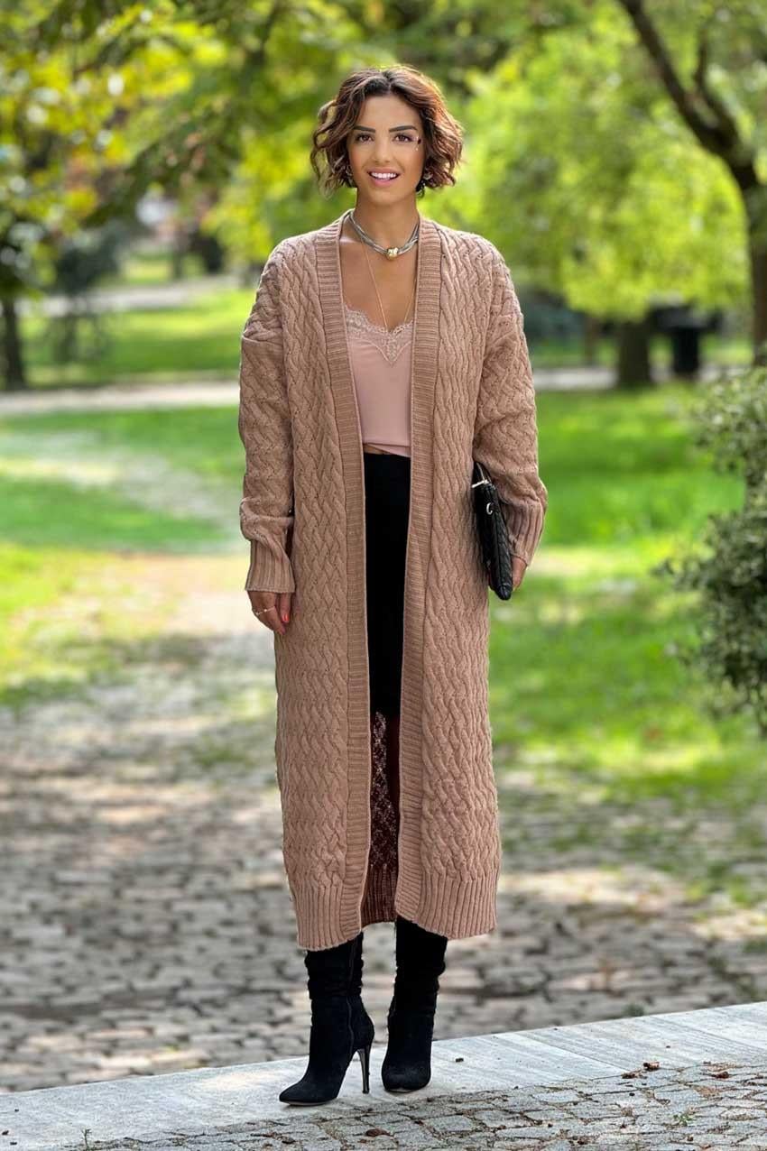Sütlü Kahve Örme Uzun Triko Hırka