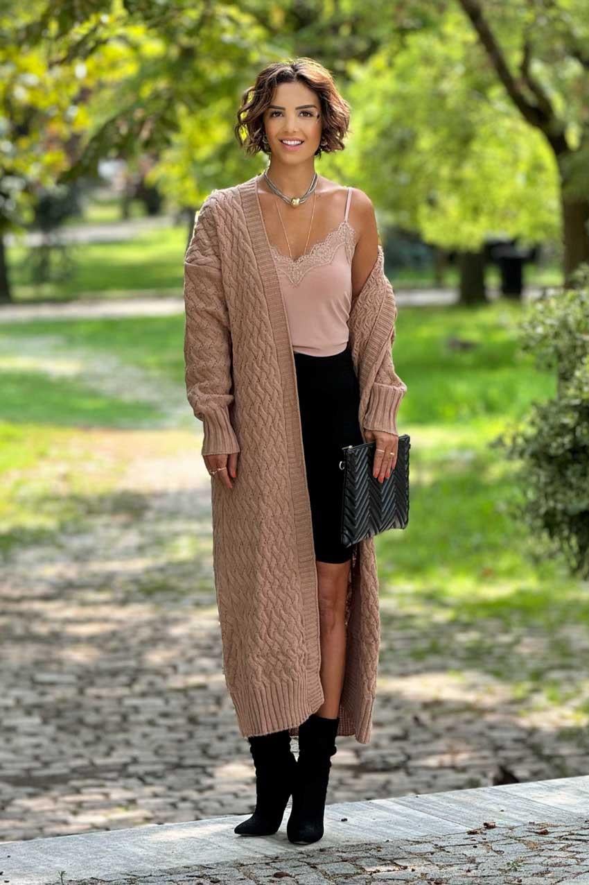 Sütlü Kahve Örme Uzun Triko Hırka