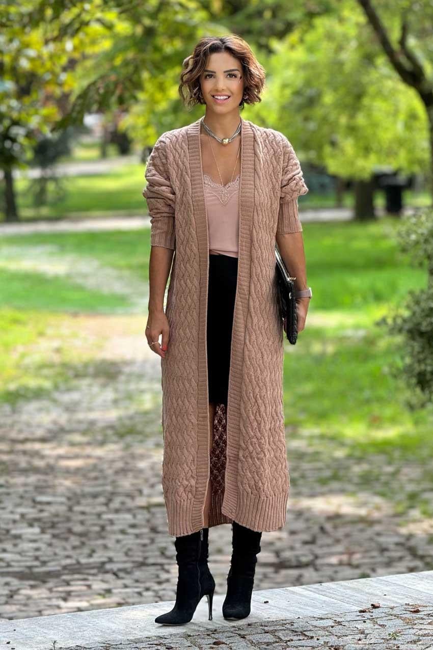 Sütlü Kahve Örme Uzun Triko Hırka