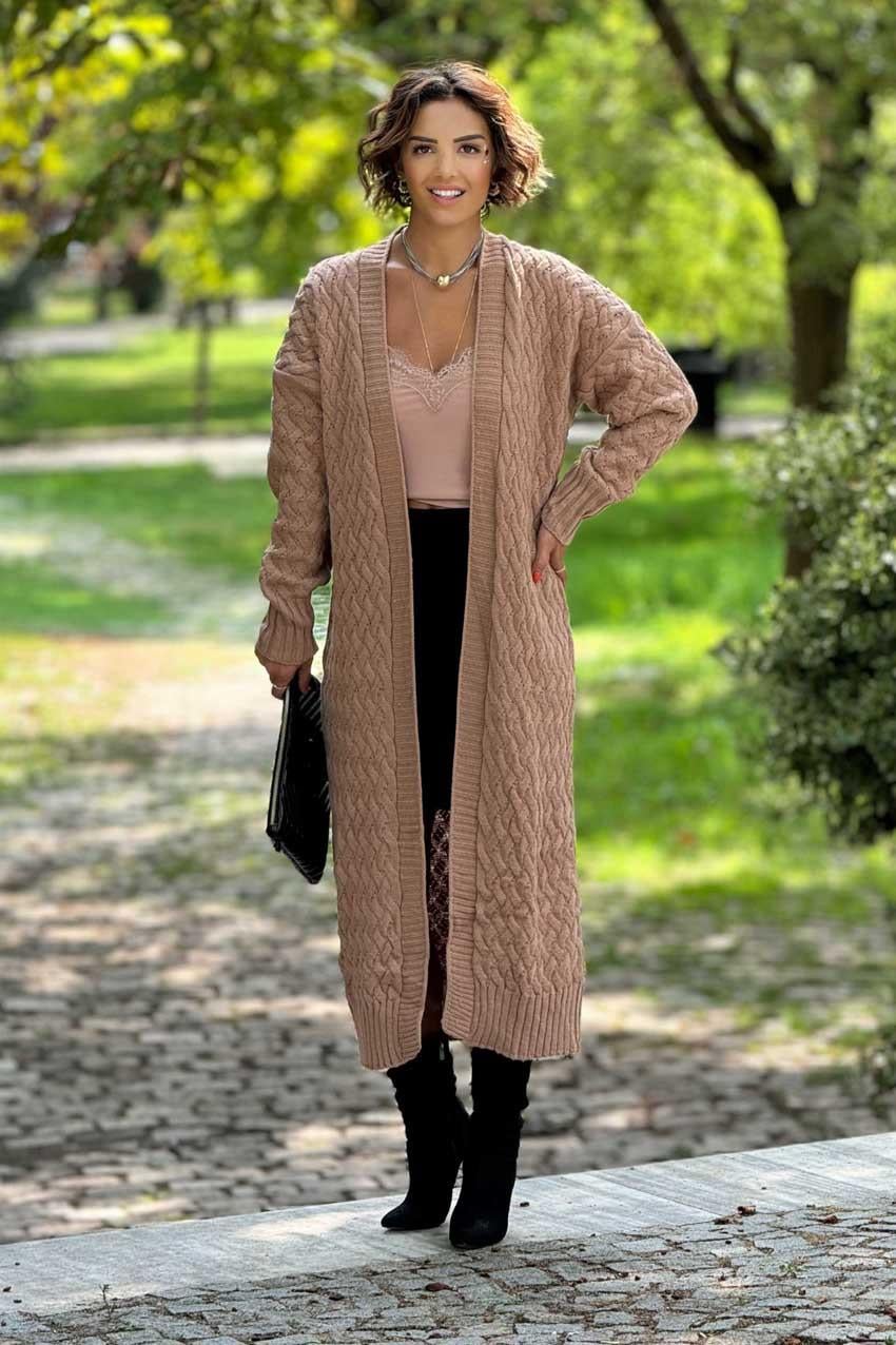 Sütlü Kahve Örme Uzun Triko Hırka