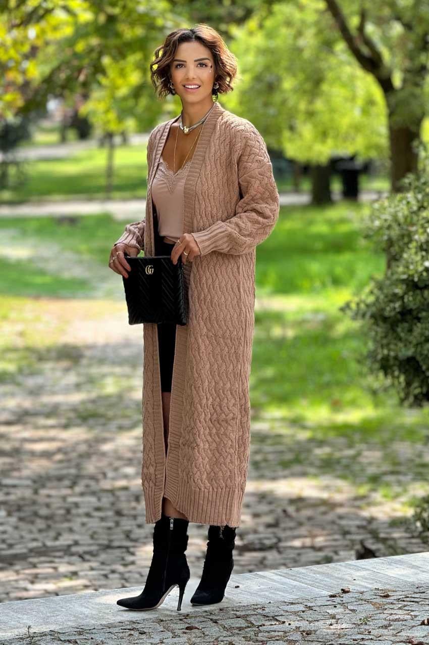 Sütlü Kahve Örme Uzun Triko Hırka