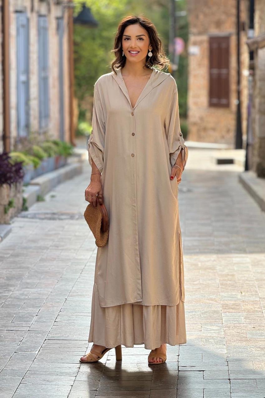 Taş Rengi İtalyan Takım - (Pantolon ve Uzun Tunik)