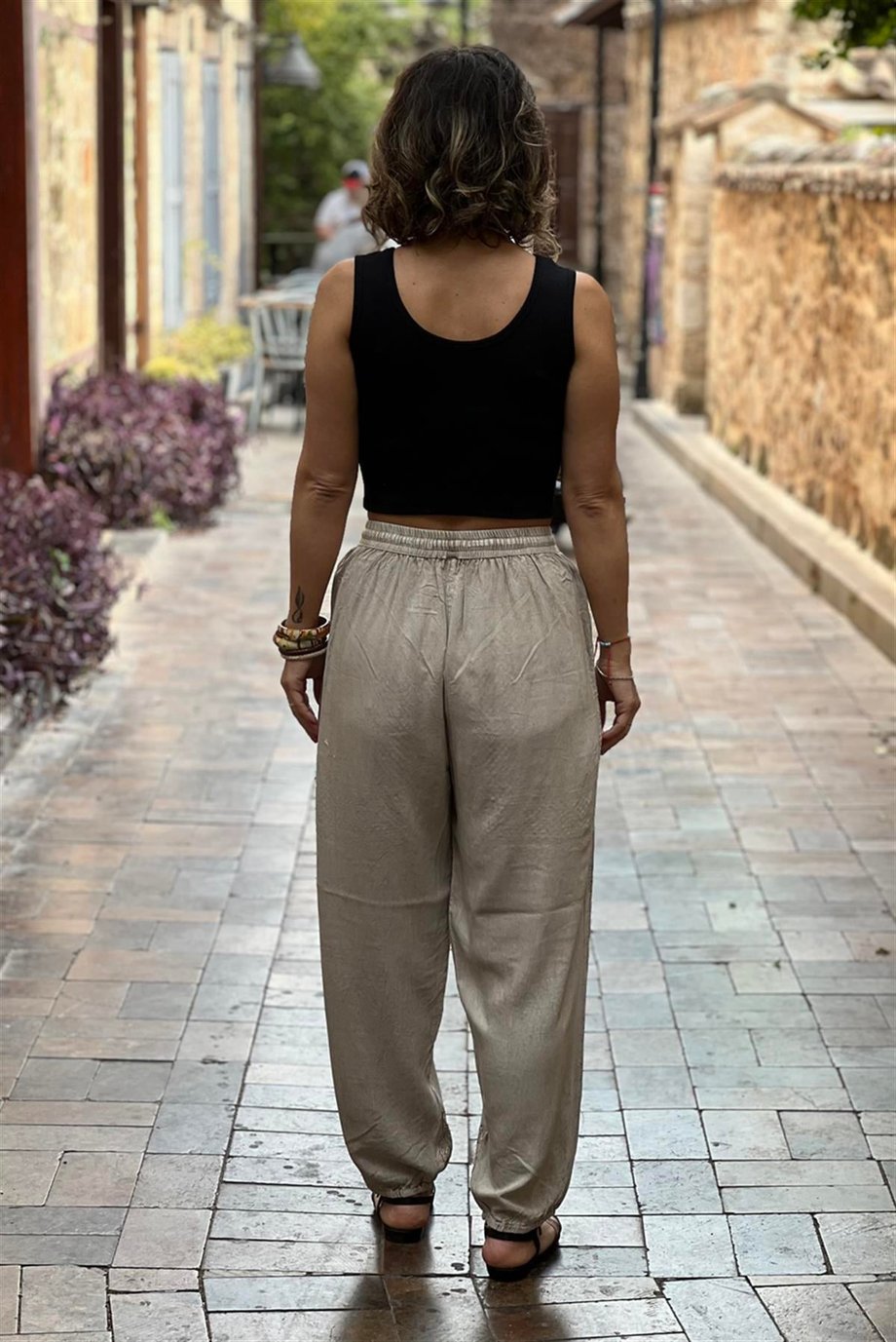 Taş Renk Avare %100 Pamuk İşlemeli Şalvar Pantolon