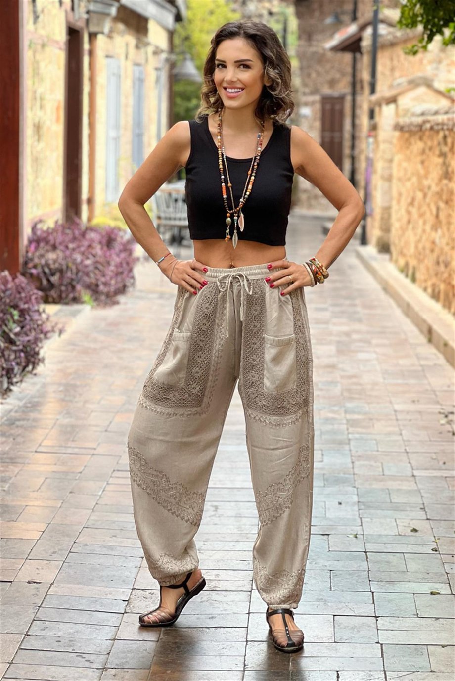 Taş Renk Avare %100 Pamuk İşlemeli Şalvar Pantolon