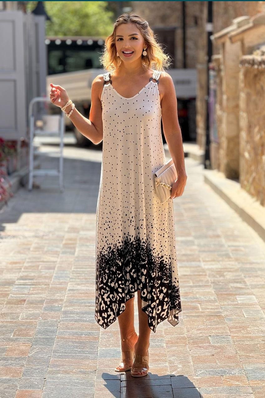 TOKALI Beyaz Etekleri Leopar Askılı Elbise