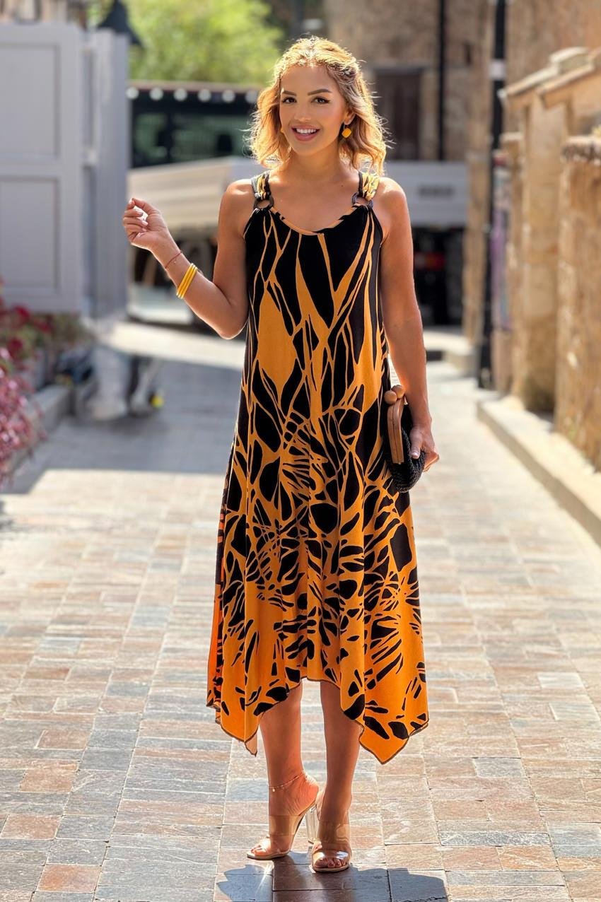 TOKALI Hardal Alev Desenli Askılı Elbise